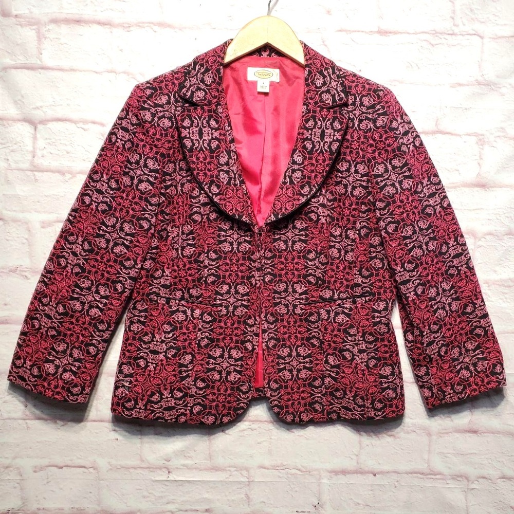 Talbots Pink Black Brocade Jacket 8 Damask Floral Blazer Baroque Coquette Blazer